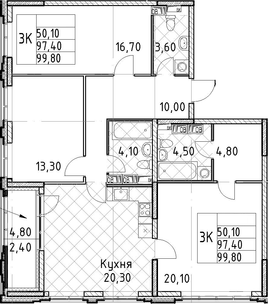 3-комнатная квартира 99.8 м², 12/13 эт., ЖК «Тайм Сквер»